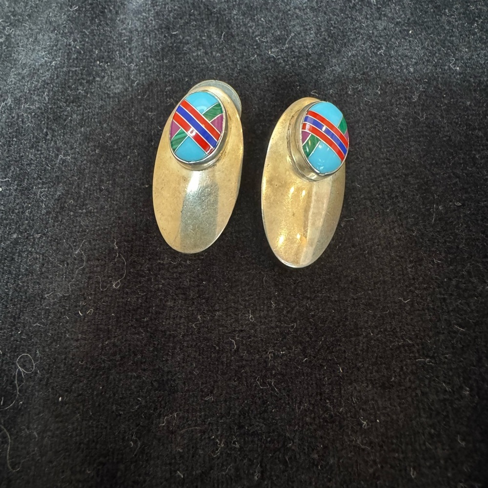 Silver Oval Earrings with Colorful Enamel Design
